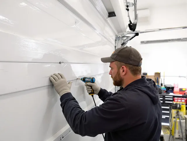 Wildomar Garage Door Repair technician demonstrating precision dent removal techniques on a Wildomar garage door